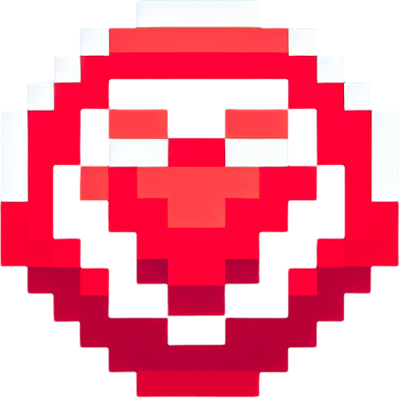 red pixel circle with black background and hearth on middle.
Single Game Texture. In-Game asset. 2d. Blank background. High contrast. No shadows.