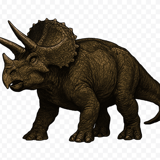 A large Triceratops dinosaur depicted in a neutral standing pose on a transparent background. It has a bulky, muscular body covered in rough, textured scaly skin with shades of dark brown and olive green. Its massive head features a large bony frill with small bumps and three prominent horns—two long ones above the eyes and a shorter one on the nose. The beak-like mouth is slightly open, and the eyes are calm but alert. The thick legs end in hoof-like claws, and the tail is short and heavy. The skin shows detailed scales, folds, and scars, giving it a lifelike, ancient appearance..
In-Game asset.  2d.  High contrast.  No shadows