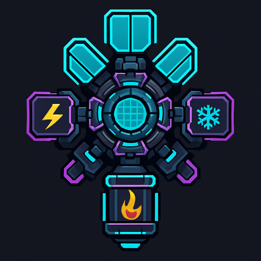 top-down view, transformable virus defense tower, modular energy panels, electric fire ice modes, adaptive cyber node design, neon highlights.
In-Game asset.  2d.  High contrast.  No shadows