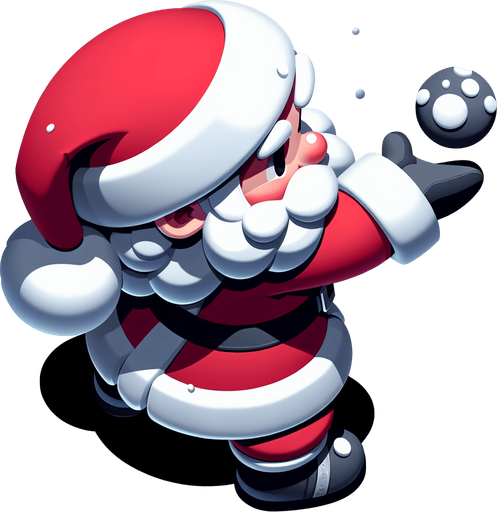 Santa gearing up to throw a snowball, viewed from above and facing forward Single Game Texture. In-Game asset. 2d. Blank background. High contrast. No shadows.