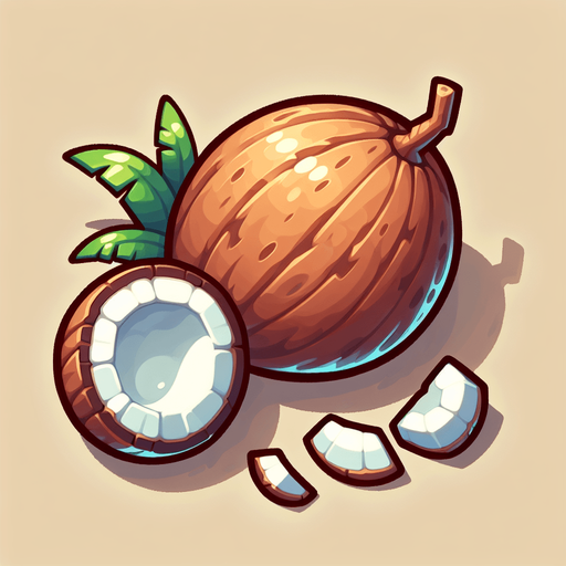 A coconut and a few pieces of coconut.
Single Game Texture. In-Game asset. 2d. Blank background. High contrast. No shadows.