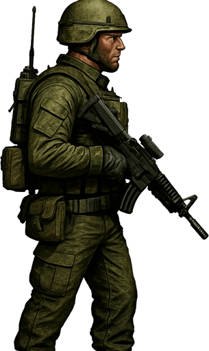 Komando, yazısız, gerçekçi, yandan görünüm.
In-Game asset.  2d.  High contrast.  No shadows