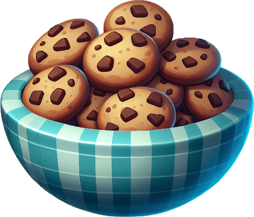 a bowl of cookies.
Single Game Texture. In-Game asset. 2d. Blank background. High contrast. No shadows.