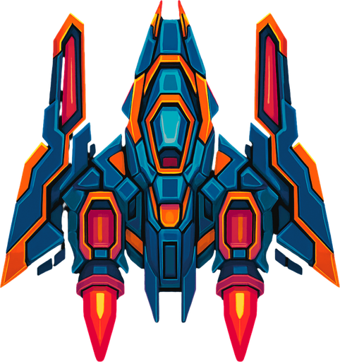 Make it a ship for a space shooting game with intense designing.
In-Game asset.  2d.  High contrast.  No shadows