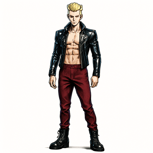 Idle animation, sleek graceful man Cyberpunk manga, facing forward idle pose shiny black leather biker jacket longsleeves shirtless Skinny abs blonde pompadour guy, action shot wine red joggers combat boots, Background removed, "Full-body character, entirely in frame, no cropping of face, head, or feet" "Complete character visible, from head to toe, fully centered in the image" "Entire character, including face and boots, fully within the frame" Character fully contained within a square frame, no edges cut off fashion model pose