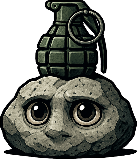 una piedra con ojos muy realista con una granada encima.
In-Game asset.  2d.  High contrast.  No shadows