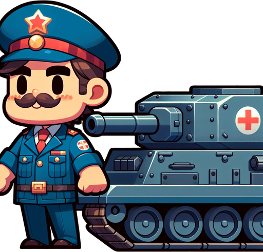 Mario driving a tank.
Single Game Texture.  In-Game asset.  2d.  Blank background.  High contrast.  No shadows