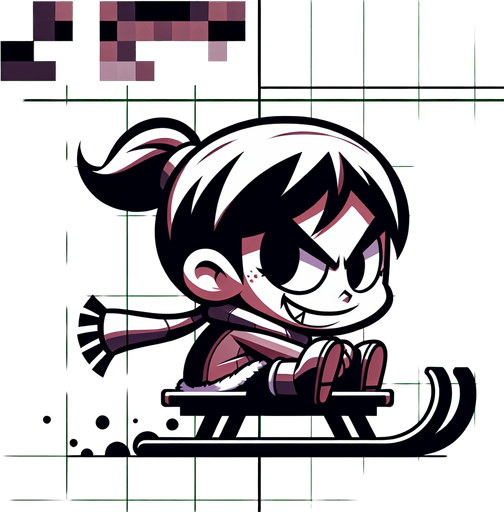 Little brat on a sledge, girl, cartoon, winter, sideview, evil Single Game Texture. In-Game asset. 2d. Blank background. High contrast. No shadows.