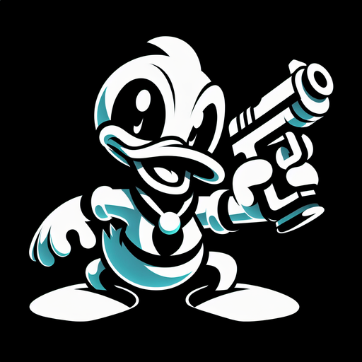 Duck with a gun title logo.
Single Game Texture. In-Game asset. 2d. Blank background. High contrast. No shadows.