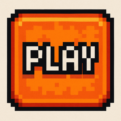 un boton cuadrado hecho con pixeles que dice play.
In-Game asset.  2d.  High contrast.  No shadows
