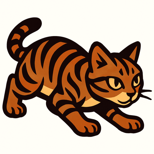 A tabby cat crawling.
In-Game asset.  2d.  High contrast.  No shadows
