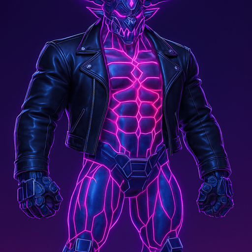 Black leather biker jacket longsleeves bare segmented neon cyberpunk pecs abs muscles robot monster hunk Neon cyberpunk 3d hologram corporate occult demon android mecha robot sentinel guard soldier machine monster fully in frame no part cut off no background anime futuristic