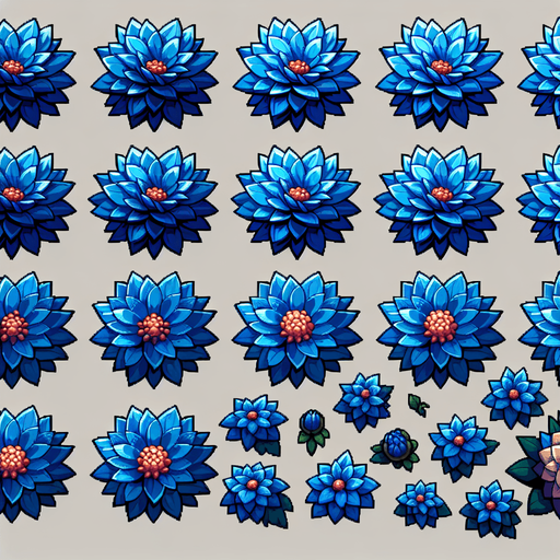 A sprite sheet of different blue dahlia seen from above. Cartoon. All similar size. Just the blossom. Bold colors and shading. 
Single Game Texture. In-Game asset. 2d. Blank background. High contrast. No shadows.