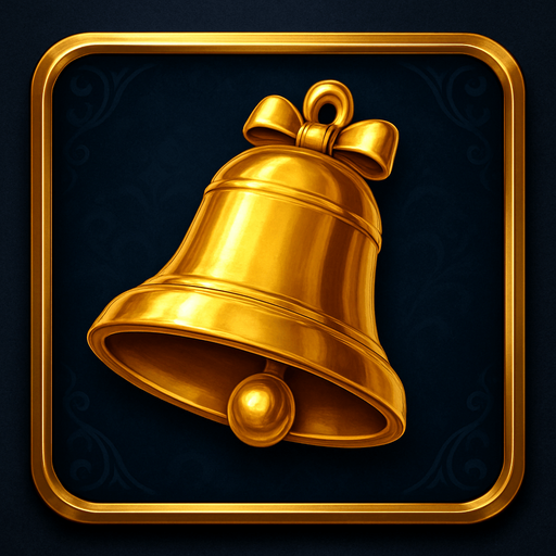 Crea un asset visual completo para el símbolo 'D' de Megaways: una Campana Dorada, directamente sobre su panel de fondo.

Diseño General:

Forma: Un panel cuadrado o ligeramente redondeado.

Fondo del Panel: Terciopelo oscuro (negro o azul noche) o un metal pulido muy oscuro.

Borde: Un borde elegante dorado o plateado alrededor del panel.

Detalles del Fondo: Puede tener un patrón sutil de filigrana de casino en las esquinas del panel.

Símbolo Central (la Campana):

Una campana clásica de tragamonedas, con un acabado dorado metálico y pulido, posicionada centralmente.

Debe tener un brillo sutil y un diseño elegante.

Puede tener un pequeño lazo o detalles decorativos..
In-Game asset.  2d.  High contrast.  No shadows