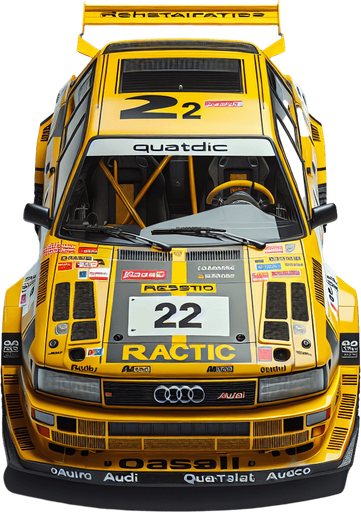 Photorealistic Audi Quattro B2 rally car with yellow stickers, from topback view