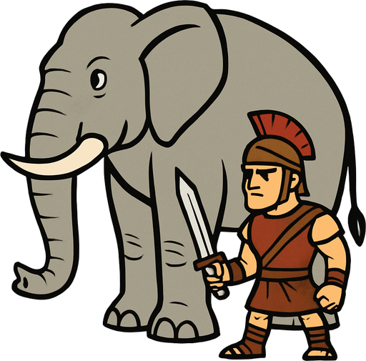 Animasyon çizgi dizi tarzında büyük ve devasa bir fil çiz yanındada elinde kılıç olan eski çağlardan bir asker olsun.
In-Game asset.  2d.  High contrast.  No shadows