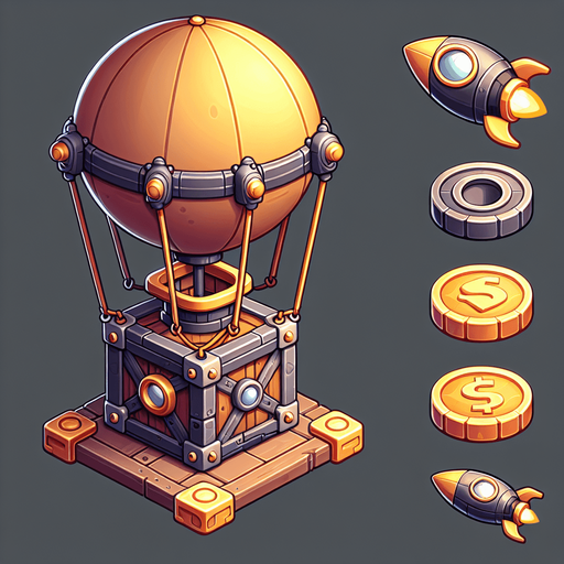 Coins

Rockets


A box attached with hot air balloon.
Single Game Texture. In-Game asset. 2d. Blank background. High contrast. No shadows.