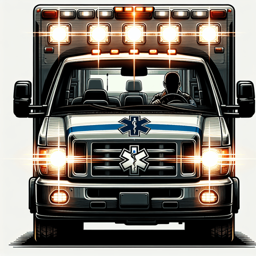 front of an ambulance with a silouhete of a driver..
video game style