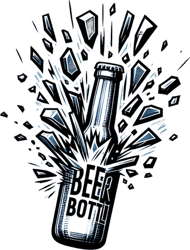 vertical exploded glass beer bottle.
Single Game Texture. In-Game asset. 2d. Blank background. High contrast. No shadows.