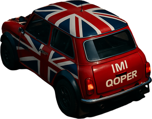 Photorealistic red MINI COOPER Rallycar with something like British flag livery in nightlight, drone topview from back and 45 degrees angle in top right corner. Replace MINI to IMI and Cooper too Qoper.