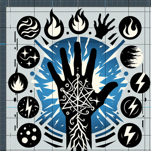 A hand silhouette centrally placed, with symbolic representations of different elements (fire, ice/water, lightning/wind) swirling around it or emanating from the fingertips. Could also be intersecting elemental runes..
Single Game Texture.  In-Game asset.  2d.  Blank background.  High contrast.  No shadows