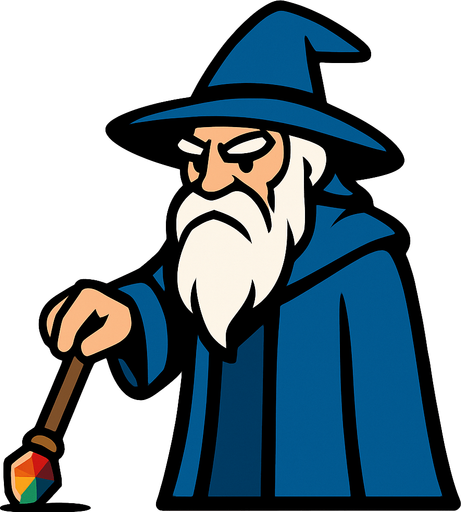 A wizard with a blue dress (like a coat) holding a stick touching the ground and a colored stone on the end of the stick, a wizard with a white beard and a hat on his head, and his whole body and right arm should not be visible from the frame (screen).
In-Game asset.  2d.  High contrast.  No shadows