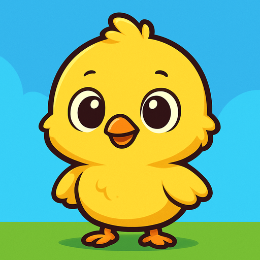 “A cute cartoon-style baby chick standing upright, designed as a game character. Big round eyes, small orange beak, fluffy yellow feathers, small wings, tiny feet. Bright and happy expression, simple colorful background, high-quality digital illustration, ideal for a mobile game character..
In-Game asset.  2d.  High contrast.  No shadows. cartoon style