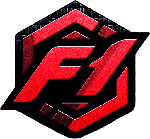 Red "F1" logo with dark carbon fiber.
Single Game Texture. In-Game asset. 2d. Blank background. High contrast. No shadows.