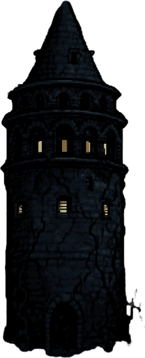 Create a pixel-art environment asset of the Galata Tower at night, in a dark and eerie style suitable for a 2D horror survival game. The tower should be tall and imposing with its recognizable cylindrical stone structure and conical roof. Add cracks, overgrown vines, and dim glowing windows to give it a haunted, ancient look. A full moon and cloudy night sky in the background. Mist or fog at the base. The overall atmosphere should feel ominous and mysterious. PNG format with transparent background..
In-Game asset.  2d.  High contrast.  No shadows