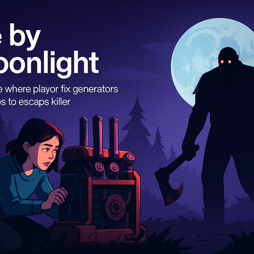 Fullscreen modern App Store landscape banner, 16:9, high definition, for a game titled "die by moonlight" and with the description "A game where player fix generators and tries to escape killer.". No text on banner,put the name on the up-left corner
