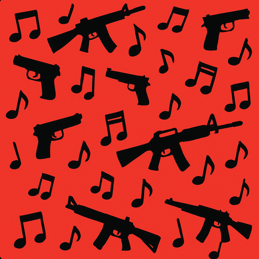 Make a wallpaper that features small music notes and guns. The image should look good for the game and not appear pixelated..
In-Game asset.  2d.  High contrast.  No shadows