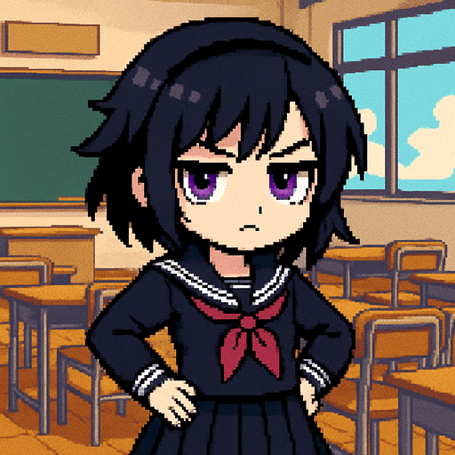 A cute anime-style girl in pixel art, with an emo aesthetic and striking purple eyes. She wears a classic Japanese school uniform (sailor fuku) and is often shown with a slightly grumpy expression, reflecting a bit of a tsundere personality. She stands confidently with her hands on her hips and a slight tilt to her posture. Behind her is a typical Japanese classroom, enhancing the school-themed atmosphere..
In-Game asset.  2d.  High contrast.  No shadows
