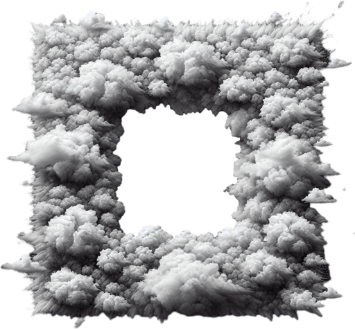 frame made of cozy clouds, it fill the complete screen, in the center is black only, on black background