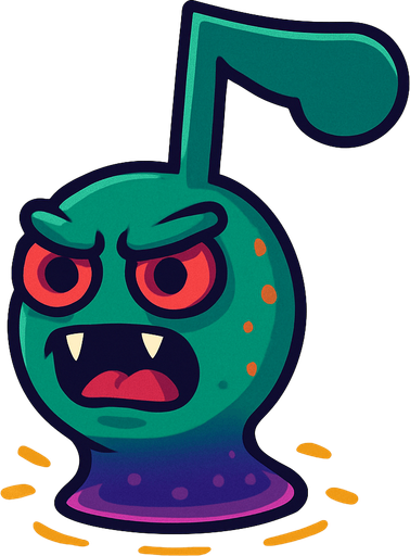 MÜZİK NOTASI ŞEKLİNDE BİR UZAYLI CANAVAR ÇİZ  BU KARAKTER IŞINLANABİİYOR, AYAKSIZ. SİYAH KULLANMA. GÜLMESİN
In-Game asset.  2d.  High contrast.  No shadows