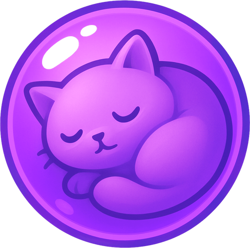 A purple bubble featuring a sleepy cat curled up inside, soft and dreamy, stylized for mobile game.
In-Game asset.  2d.  High contrast.  No shadows