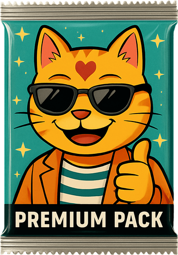 The orange cat from this picture looking straight forwards and smiling, holding out a thumbs up and looking over a pair of sunglasses on the front of a booster pack of collectible cards in plastic and seen from the front. The words “Premium Pack” on the pack underneath the picture. The plastic on the pack has stars on it.