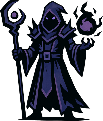 Darkness wizard, con cuerpo entero.
In-Game asset.  2d.  High contrast.  No shadows