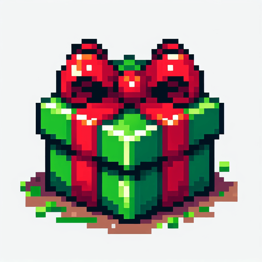 Pixel art of a green christmas present with red ribbons. Single Game Texture. In-Game asset. 2d. Blank background. High contrast. No shadows.