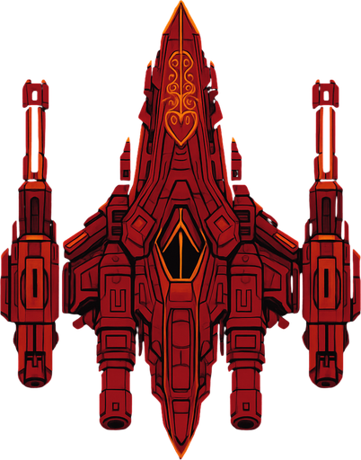 Giant bordeux ostentatious alien ship with ostentatious giant guns. Looking straightly down
In-Game asset.  2d.  High contrast.  No shadows