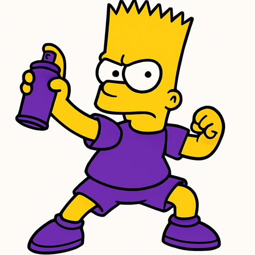 Bart holding a purple Spraycan while he is wearing purple shoes and shorts. Show all of his body in a fighting stance
In-Game asset.  2d.  High contrast.  No shadows
