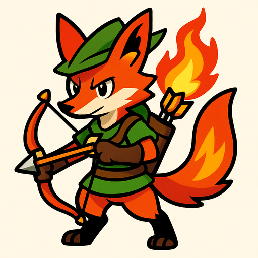 Um monstrinho Raposa+Lobó Guará+Robinwood do tipo Fogo inspirado em Pokémon e Digimon estilo Arqueiro.
In-Game asset.  2d.  High contrast.  No shadows