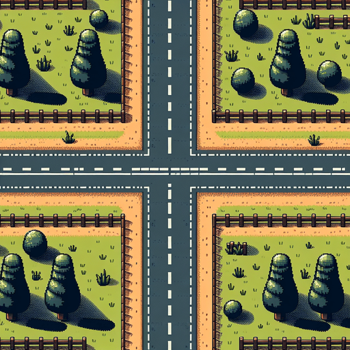 top down seamless vertical scrolling background for an endless driving game , centyral road with 3 lanes sside grass trees, and fences, pixel art style Single Game Texture.  In-Game asset.  2d.  Blank background.  High contrast.  No shadows