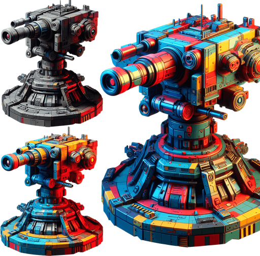 A turret.
Single Game Texture. In-Game asset. 2d. Blank background. High contrast. No shadows.