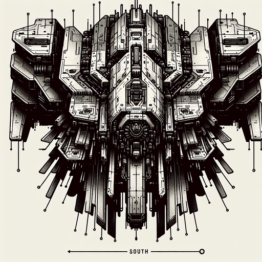 Terminator style 2D enemy ship. Facing dead south.
Single Game Texture.  In-Game asset.  2d.  Blank background.  High contrast.  No shadows