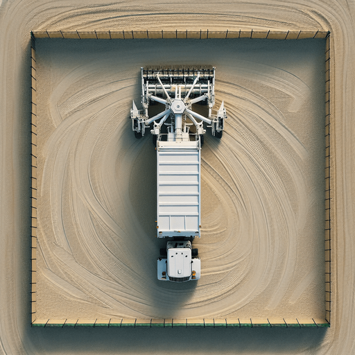 Zenith view of a white rectangular Harvester shape of a garbage truck with a triangular head. Harvesting on sand, with flowing spice in the back. inside a square fence.
Zenith view. Directly overhead. Plumb view.