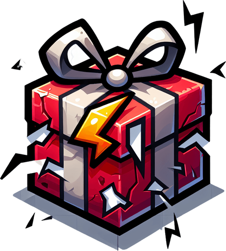 a electrified destroyed christmas present, cartoon Single Game Texture. In-Game asset. 2d. Blank background. High contrast. No shadows.