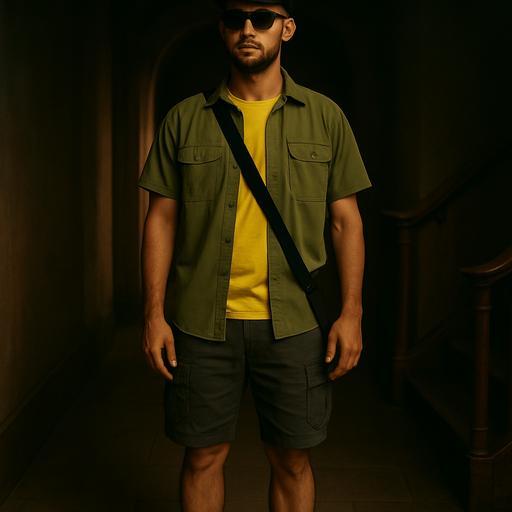 Full-length picture of the same character, his black hat and grey cargo shorts can be visible
