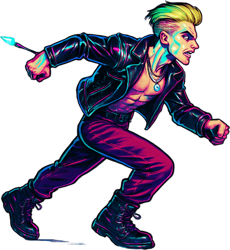 Cyberpunk American manga anime, side profile view running animation frames, shiny black leather biker jacket longsleeves shirtless thin abs pecs necklaces gemstone tipped wand, action shot fierce fashion pose animation blonde undercut pompadour, vampire fangs, wine red joggers, combat boots, Background removed, "Full-body character, entirely in frame, no cropping of face, head, or feet" "Complete character visible, from head to toe, fully centered in the image" "Entire character, including face and boots, fully within the frame" Character fully contained within a square frame, no edges cut off,