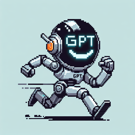 pixel art of a chat gpt robot running with gpt engraved on his chest and a smiley face on his robot visor.
Single Game Texture. In-Game asset. 2d. Blank background. High contrast. No shadows.