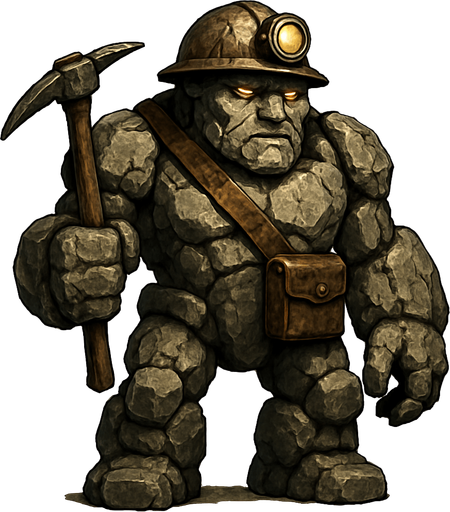un golem de piedra que parezca un minero y que se vea ultra realista.
In-Game asset.  2d.  High contrast.  No shadows